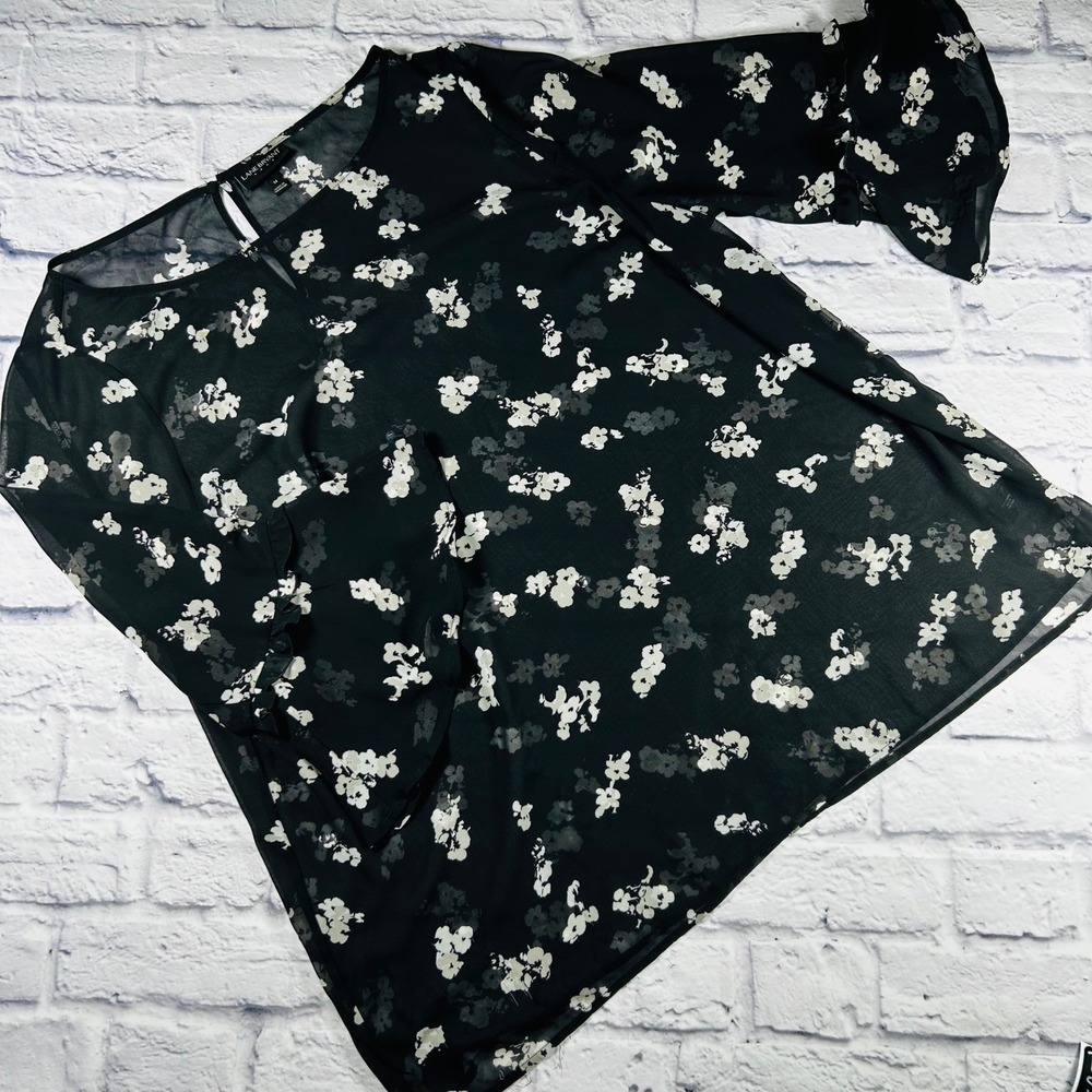 Lane Bryant Women Black White Floral Sheer 3/4 Bell Sleeve Blouse Top Size 14 XL